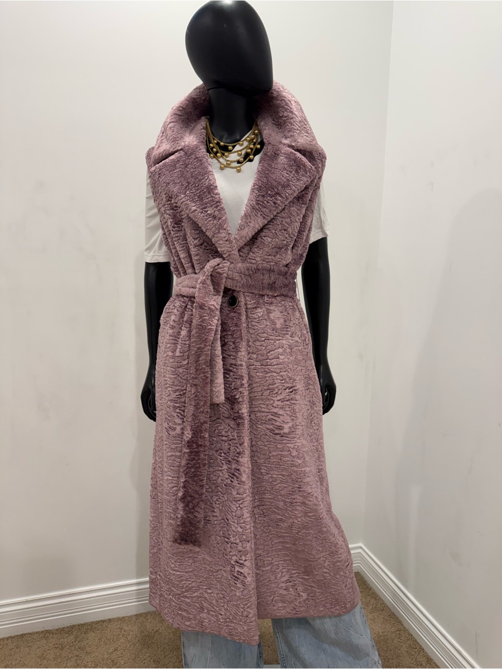MSGM Pink Faux Fur Astrakhan Long Belted Vest Coat IT 40 S